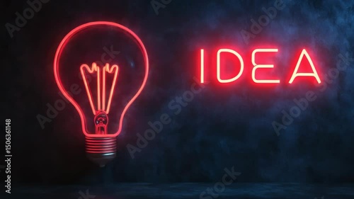 Red neon light bulb and IDEA text on dark background.  
