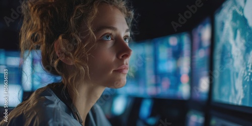 Female Engineer Analyzes Data on Multiple Screens in High-Tech Control Room