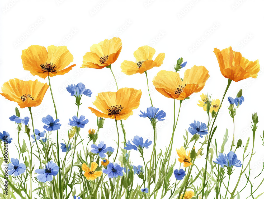 Fototapeta premium Vibrant Yellow and Blue Wildflowers A Stunning Floral Illustration