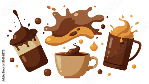 Coffee and chocolate drips and splashes on white background
