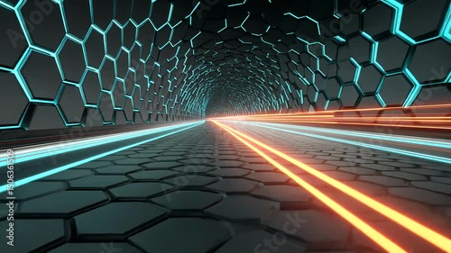 Futuristic tunnel with glowing hexagonal patterns on the walls and floor, enhanced with streaks of orange and blue light