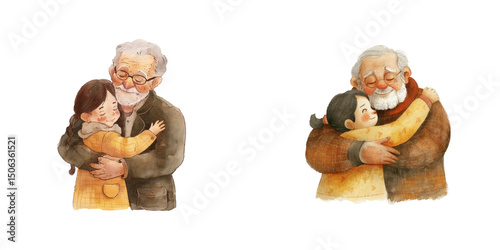 grandpa hugging grandchild watercolor vector illustration