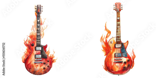 guitar electring flaming watercolor vector illustration