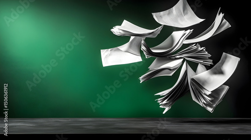 Flying Papers with Green Background and Soft Lighting Effect
