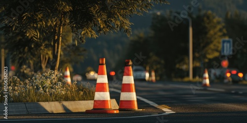 Traffic Cones and Law Enforcement at DUI Checkpoint During Evening