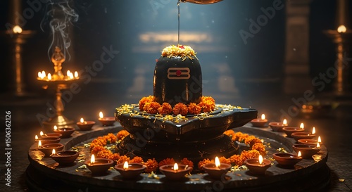 Hindu shrine with shivalinga and lamps