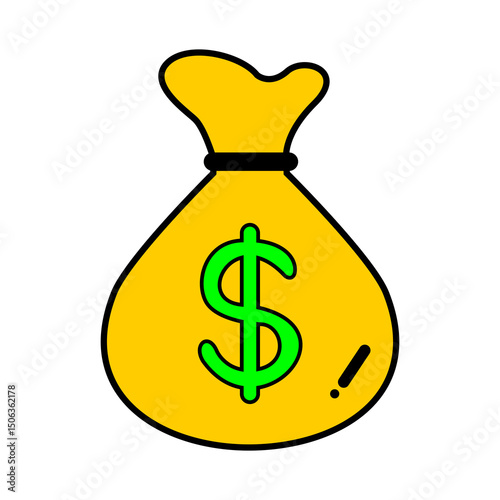 Moneybag Icon: A vibrant illustration of a yellow moneybag adorned with a green dollar sign, simple design financial symbol wealth and prosperity