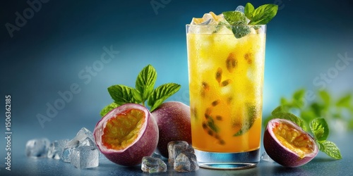 Tropical Passion Fruit Lemonade Cocktail with Fresh Fruits and Mint Leaves