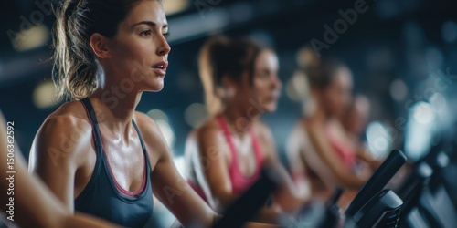 Young Women Intense Workout on Stationary Bikes in Modern Gym