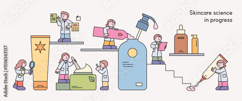 Cute scientists testing and developing skincare products in a whimsical lab setting.