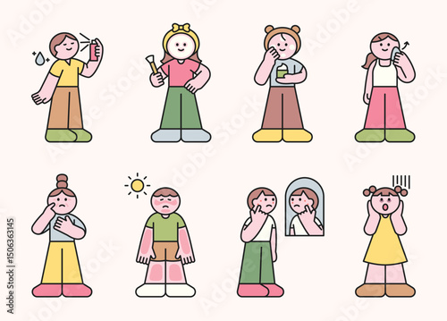 Skincare and sun protection themed illustration showing kids applying products and reacting to skin issues.