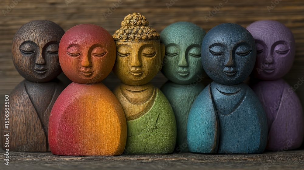Fototapeta premium Colorful Wooden Buddha Statues Diversity Unity Meditation Spirituality Peace