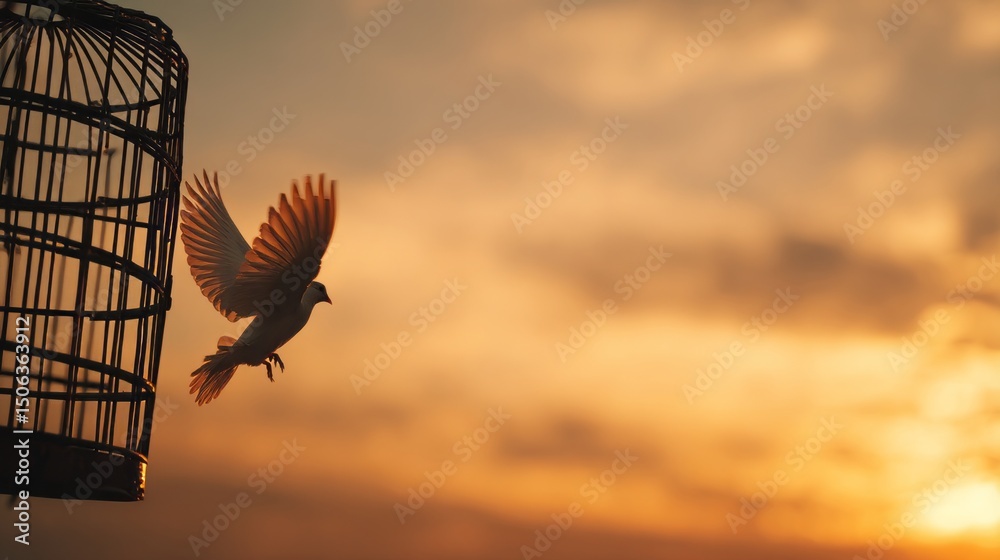 Fototapeta premium a dove flying out of a birdcage in a sunset.