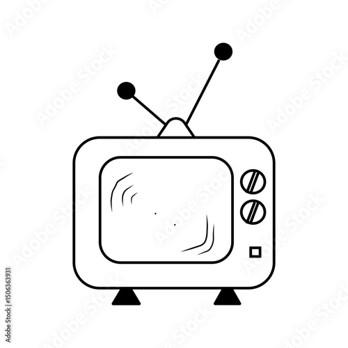Retro television icon. Antenna screen detail. Vector broadcast symbol. Black white outline.