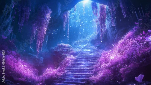 Enchanted Ascent: A stairway amidst luminous flora in a magical realm