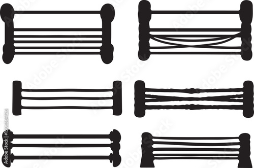 Black and White Vector Illustration of Six Different Fence Designs for Landscaping and Construction