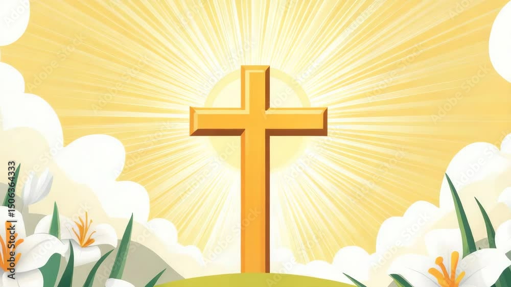 Golden cross with radiant sun and light rays shining through white clouds in bright sky, symbolizing faith, hope, religion, and spirituality in peaceful, uplifting landscape Golden cross with radiant sun and light rays shining through white clouds in bright sky, symbolizing faith, hope, religion, and spirituality in peaceful, uplifting landscape