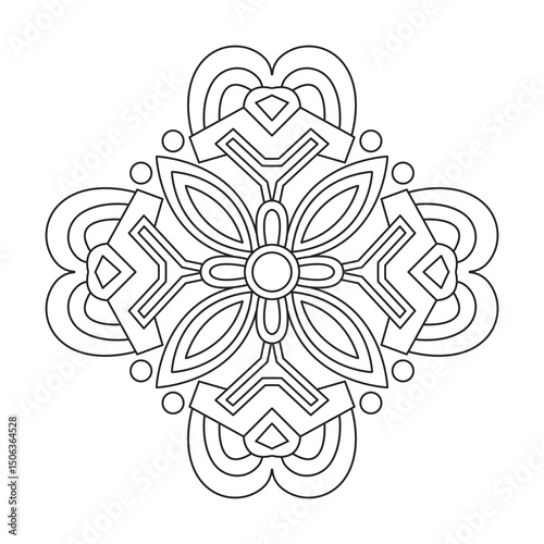 Traditional Petal Flow Mandala in Black and White Coloring Book Page
