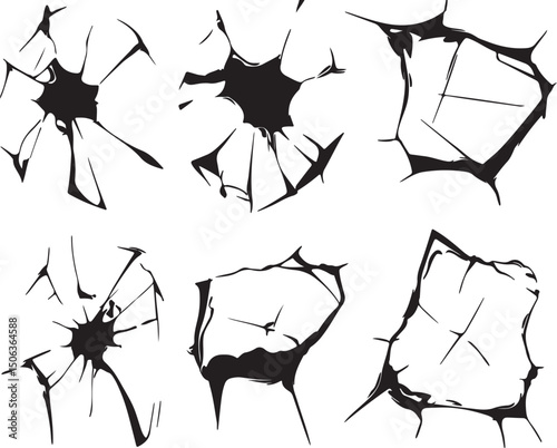 Cracked Glass Vector Set: Broken Window Effect, Shattered Design Elements, Black and White Graphics