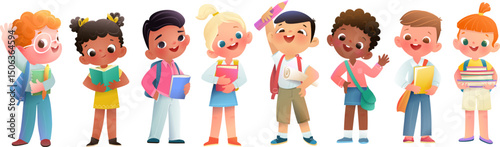 Back to school diverse multinational school children with backpacks pens and pencils. Happy kids go to school multiracial schoolchildren education collection. Vector characters clip art illustration