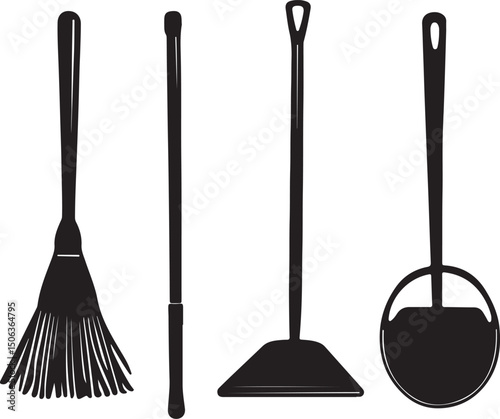 Cleaning Tools Vector: Broom, Mop, Dustpan, and Floor Scrubber Icons in Black and White Silhouette