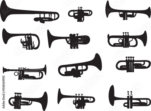 Trumpet Silhouettes: Musical Instrument Vector Graphics, Brass Band Clip Art, Black and White Design