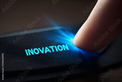 Activating innovation, a fingertip presses a luminescent button, symbolizing the start of a new technological era