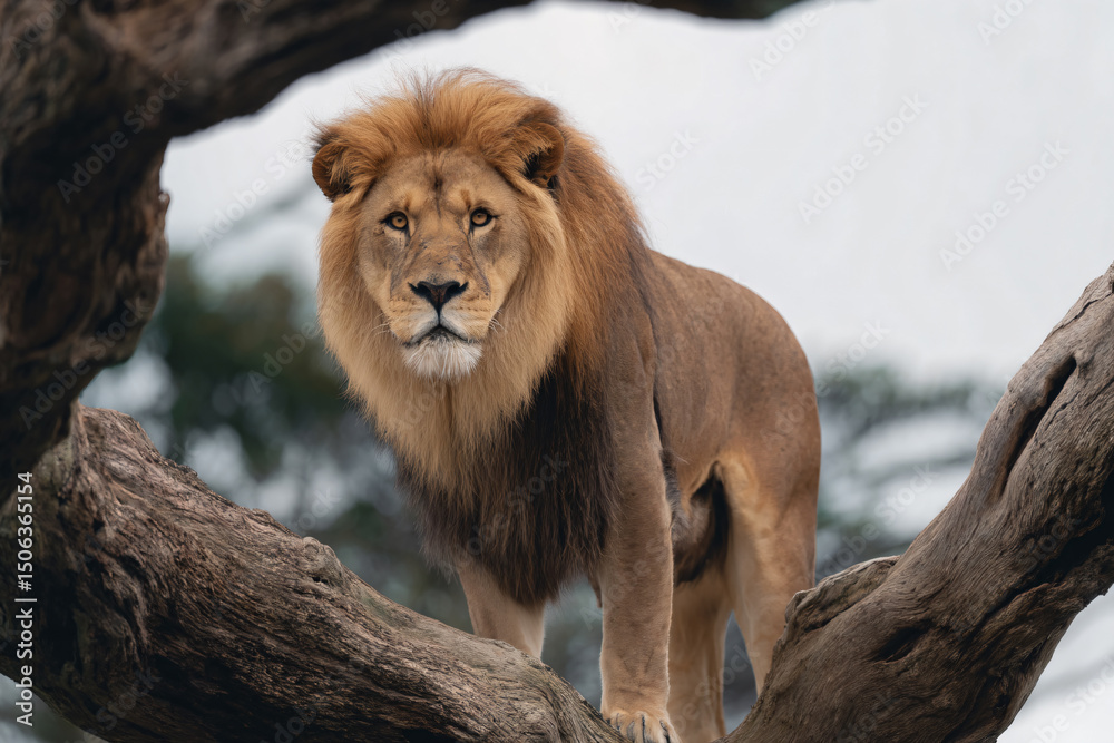 Obraz premium a lion standing on a tree branch in a zoo