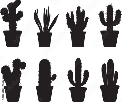Black Silhouette Cactus Plants in Pots Vector Art: Desert Flora, Botanical Illustration