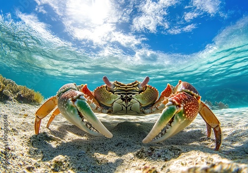 Fototapeta Colorful crab, underwater, coral reef, sunlit shallows