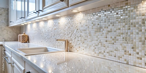 Elegant White Kitchen with Mosaic Backsplash and Modern Fixtures