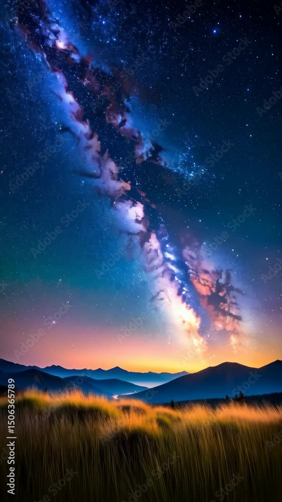 Majestic milky way over tranquil mountain range at night with shooting star, landscape of golden meadow in the foreground, celestial show