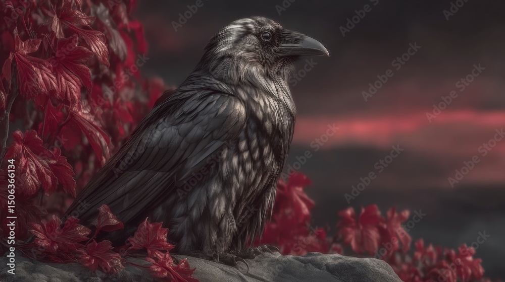 Fototapeta premium Majestic Black Crow on Rocky Ledge Autumn Leaves Stormy Sky