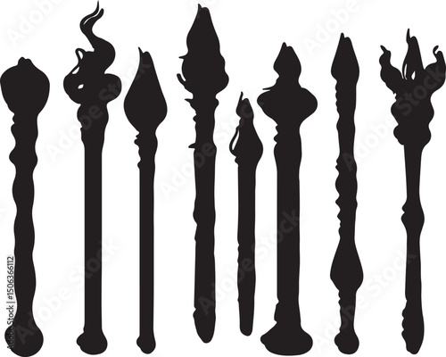 Silhouette Vector Art: Assorted Fantasy Wands, Magic Staffs, Wizard Tools, Witchcraft Elements
