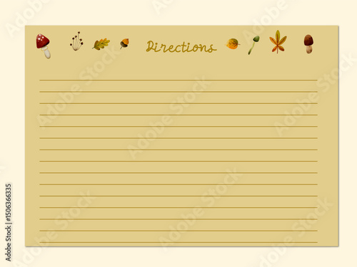Autumn Recipe Directions Card Template – Printable Fall Note with Mushrooms and Leaves. Rustic recipe directions card template with cute autumn elements including mushrooms, fall leaves, and natural

