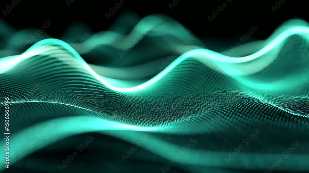 An abstract turquoise dotted mesh curves across a black background, creating a mesmerizing and modern wavy pattern