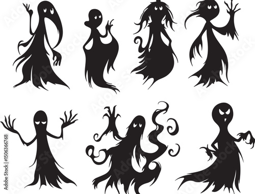 Spooky Halloween Ghosts Silhouettes Vector Illustration Scary Creepy Spirit Clipart