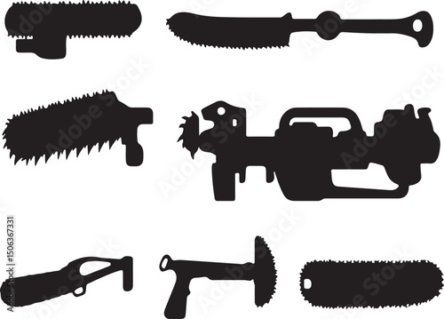 Chainsaw Silhouette Vector Art: Black & White Clipart Set of Power Saw Tools for Design Projects