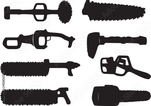 Silhouette of Tree Pruning Tools: Pole Saw, Chainsaw, Hedge Trimmer, Axe - Black and White Vector Graphics