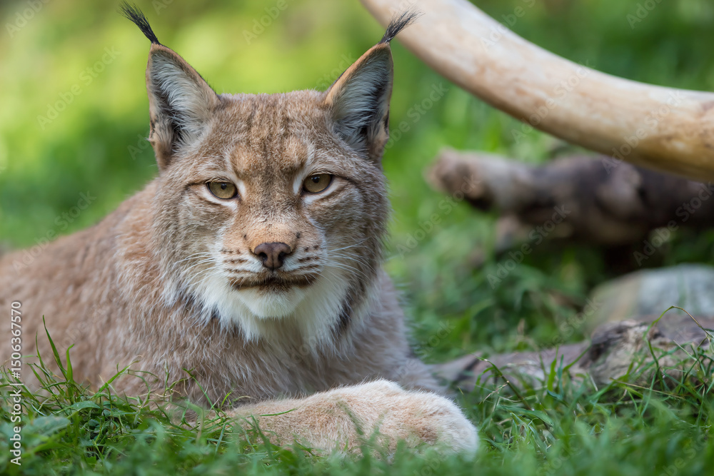 Fototapeta premium a lynx laying in the grass with a large animal in the background