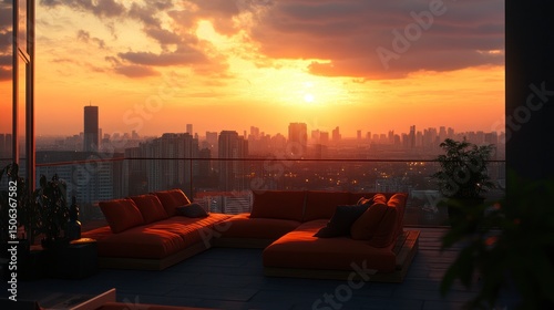 Rooftop lounge at sunset over city
