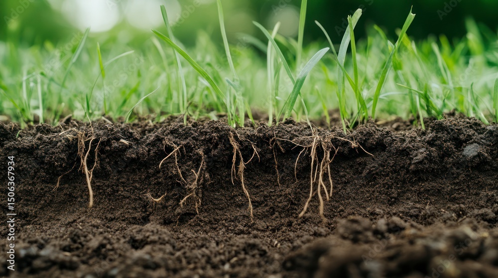 Fototapeta premium Close-up view of grass roots. Healthy soil and plants