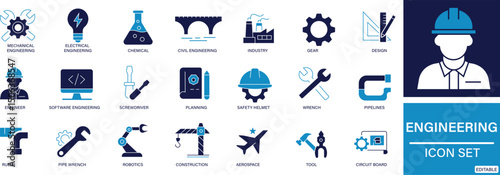 Engineering Icon Set Tools, Gears, Technical and Mechanical Symbols