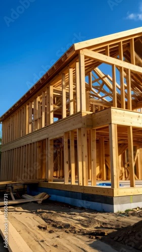 Two-story house framework with exposed lumber under a clear blue sky on construction site with raw dirt and debris, homebuilding