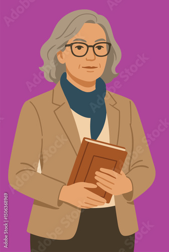 "Professional elderly woman with gray hair wearing glasses and scarf holding a book, confident mature teacher or librarian, educational and intellectual concept"