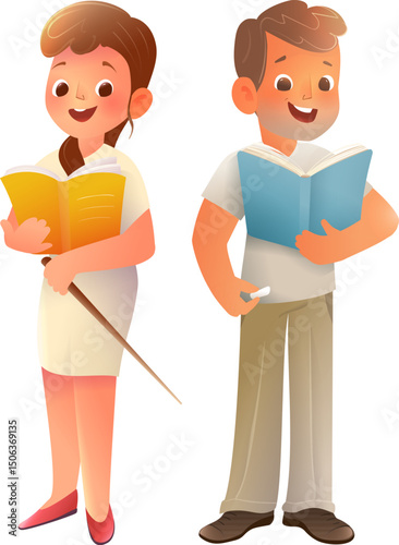 Cartoon vector illustration of a smiling male and female teacher standing with book and pointer. Teaching lesson on literacy, reading, and education in a school or college. Vector isolated clipart.
