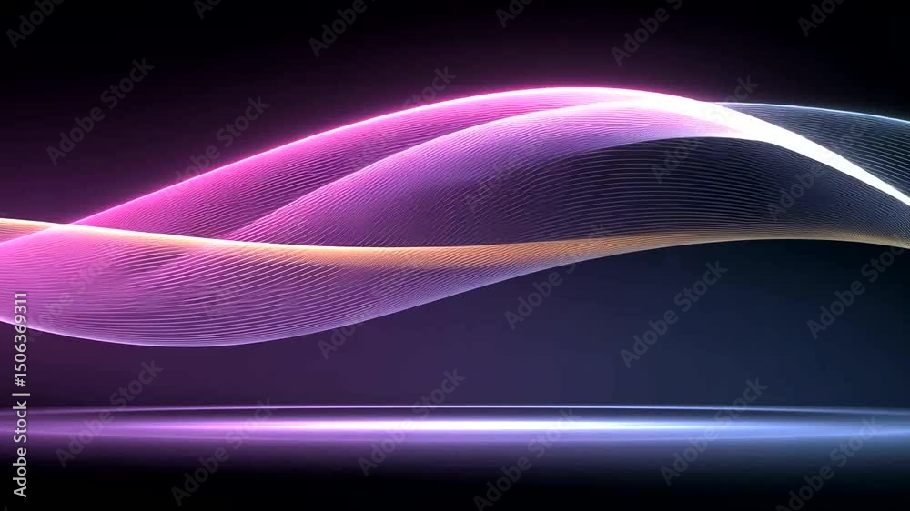 Abstract scene with waves of pink, gold, and blue light suspended over a reflective surface against a dark purple background