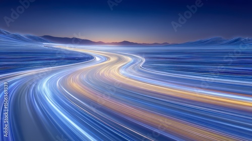 Serene Night Road  Abstract Light Trails  Winding Highway  Scenic Landscape