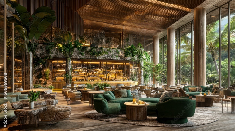 Fototapeta premium Luxurious, tropical-themed lounge area with rich wood accents and lush greenery. Open layout featuring comfortable seating, a bar, and expansive views of a tropical garden