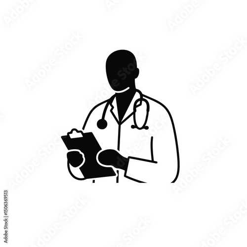 Faceless Doctor Holding Clipboard – Thick Outline Modern Clipart on White Background